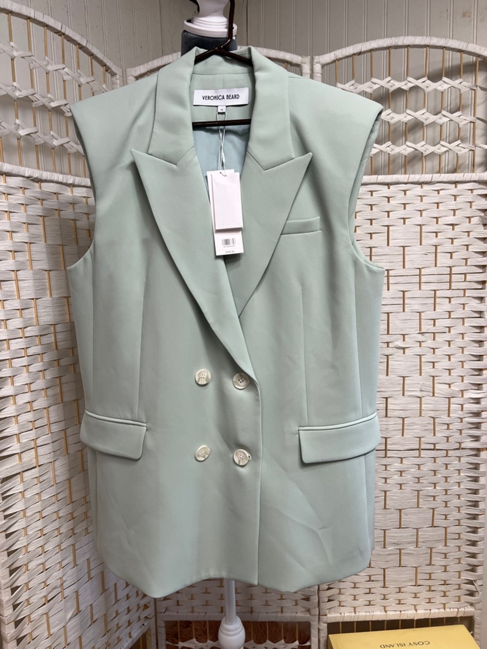 Veronica Beard Pale Mint Double-Breasted Sleeveless Blazer Vest